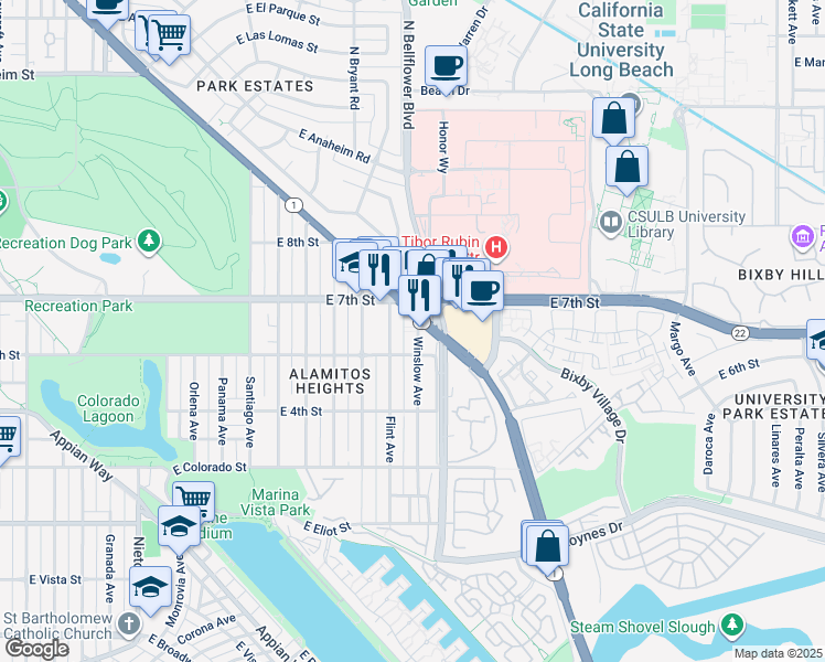 map of restaurants, bars, coffee shops, grocery stores, and more near 631 Winslow Avenue in Long Beach