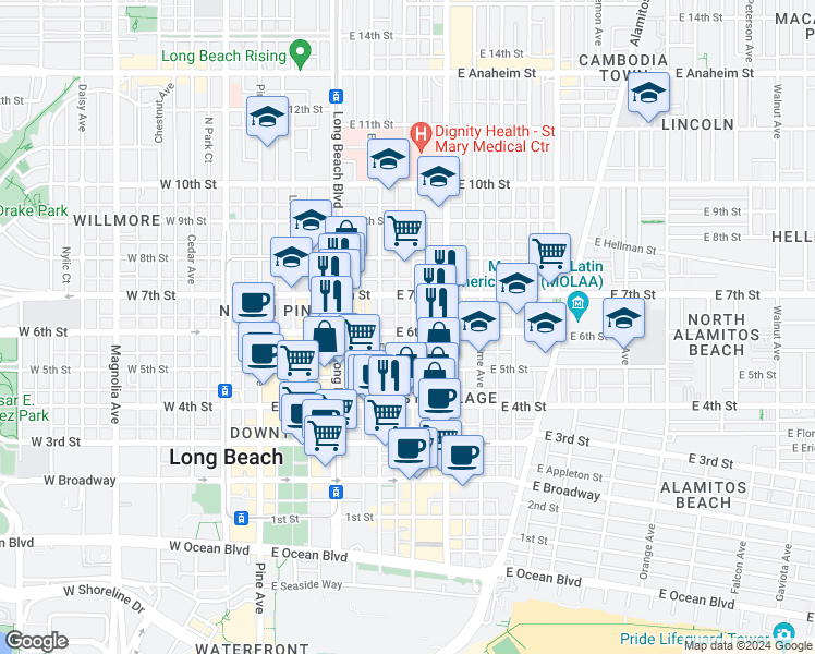 map of restaurants, bars, coffee shops, grocery stores, and more near 553 Linden Avenue in Long Beach