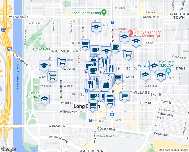 map of restaurants, bars, coffee shops, grocery stores, and more near 595 Pine Avenue in Long Beach