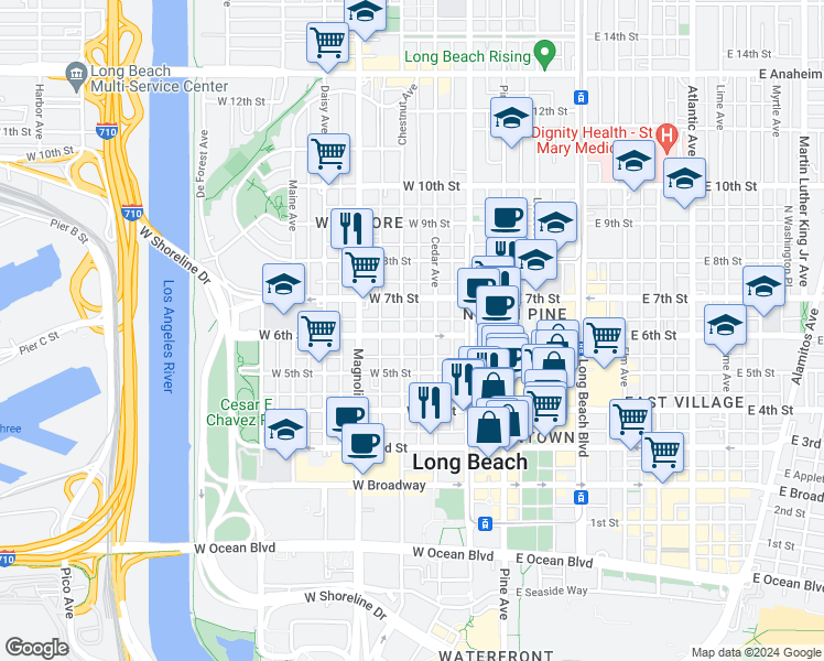map of restaurants, bars, coffee shops, grocery stores, and more near 314 West 6th Street in Long Beach