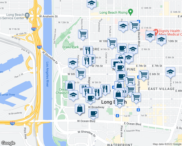 map of restaurants, bars, coffee shops, grocery stores, and more near 535 Magnolia Avenue in Long Beach