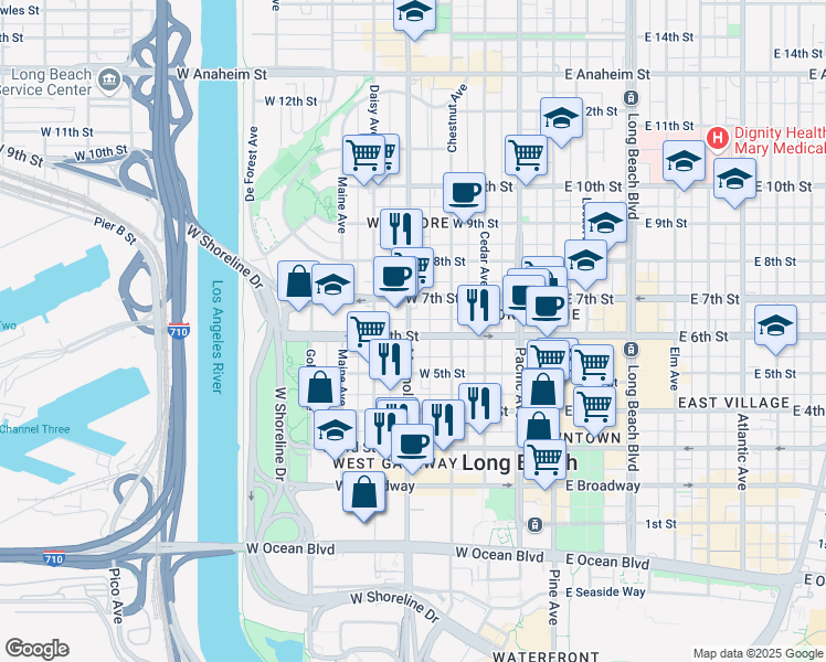 map of restaurants, bars, coffee shops, grocery stores, and more near 535 Magnolia Avenue in Long Beach