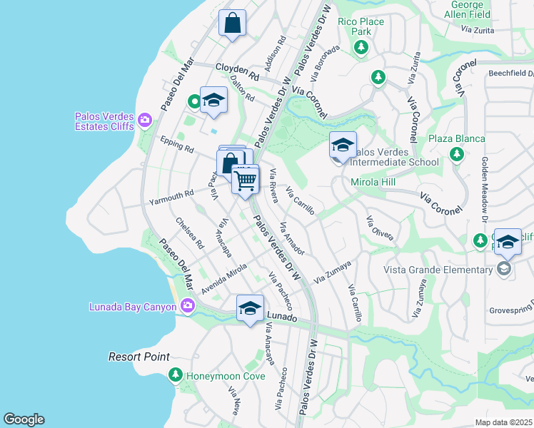 map of restaurants, bars, coffee shops, grocery stores, and more near 2400 Palos Verdes Drive West in Palos Verdes Estates