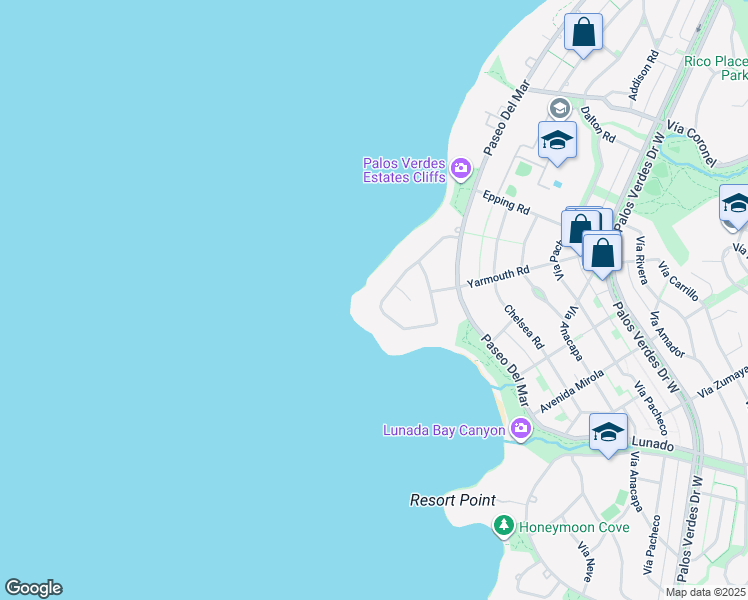 map of restaurants, bars, coffee shops, grocery stores, and more near 241 Rocky Point Road in Palos Verdes Estates