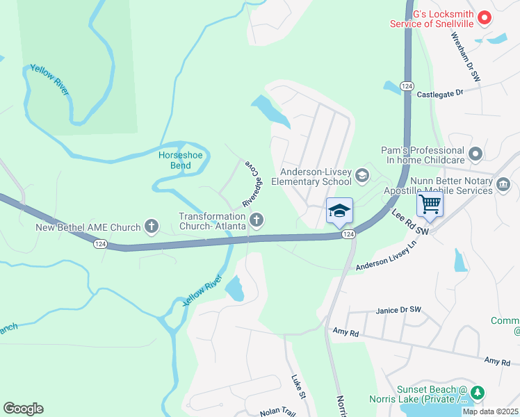 map of restaurants, bars, coffee shops, grocery stores, and more near 4162 Riverdale Drive in Snellville