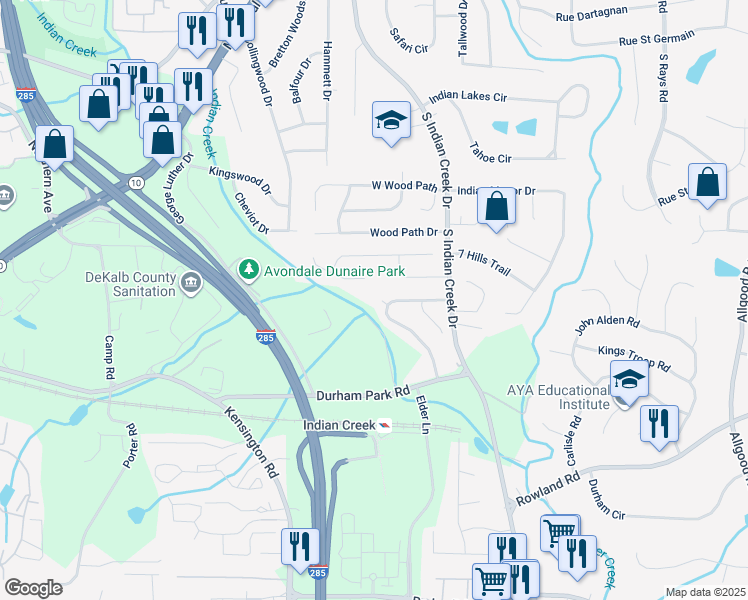 map of restaurants, bars, coffee shops, grocery stores, and more near 3909 South Creek Court in Stone Mountain
