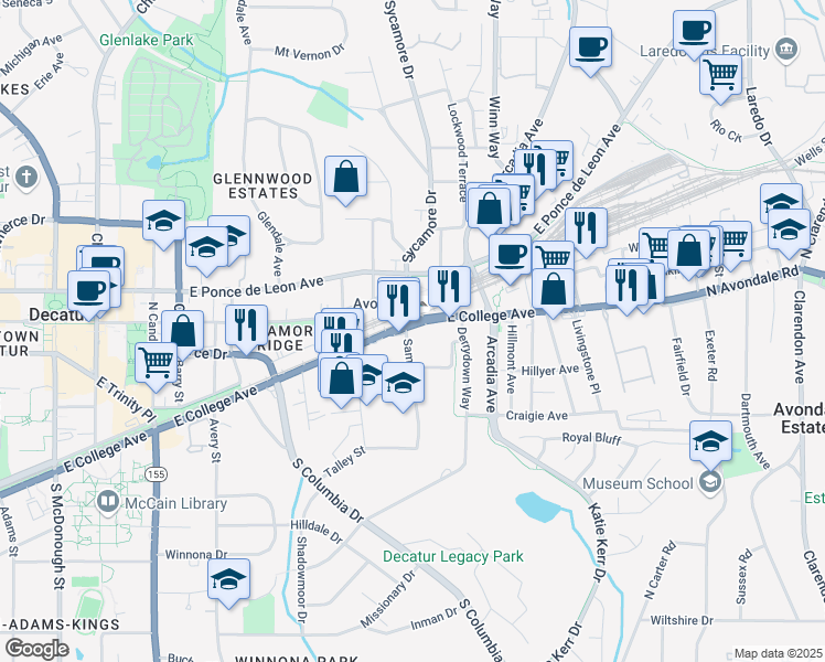 map of restaurants, bars, coffee shops, grocery stores, and more near 2657 East College Avenue in Decatur