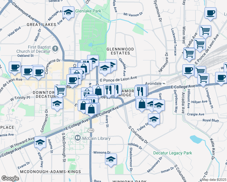 map of restaurants, bars, coffee shops, grocery stores, and more near 249 Sycamore Place in Decatur