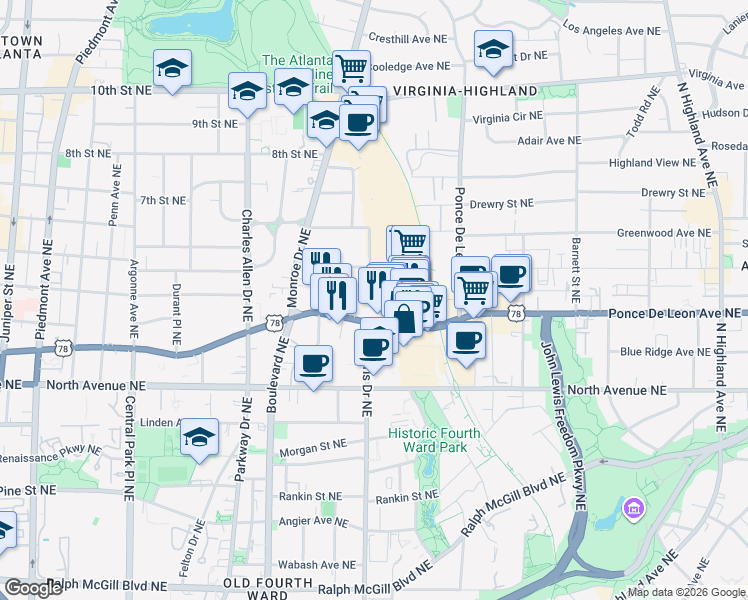 map of restaurants, bars, coffee shops, grocery stores, and more near 710 Lakeview Avenue Northeast in Atlanta