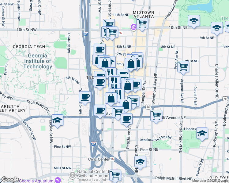 map of restaurants, bars, coffee shops, grocery stores, and more near in Atlanta