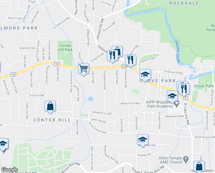map of restaurants, bars, coffee shops, grocery stores, and more near 692 Emily Place Northwest in Atlanta