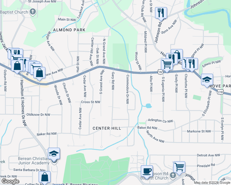map of restaurants, bars, coffee shops, grocery stores, and more near 691 Gary Road Northwest in Atlanta