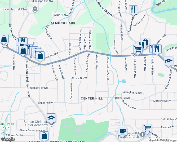 map of restaurants, bars, coffee shops, grocery stores, and more near 711 South Grand Avenue Northwest in Atlanta