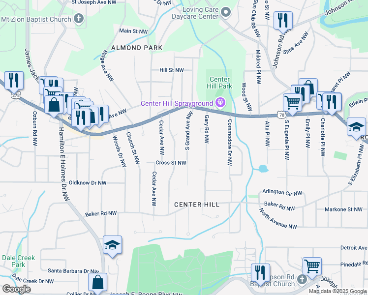 map of restaurants, bars, coffee shops, grocery stores, and more near 706 South Grand Avenue Northwest in Atlanta