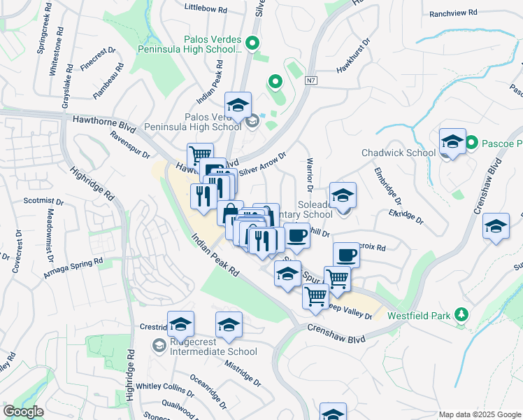map of restaurants, bars, coffee shops, grocery stores, and more near 27557 Longhill Drive in Rancho Palos Verdes
