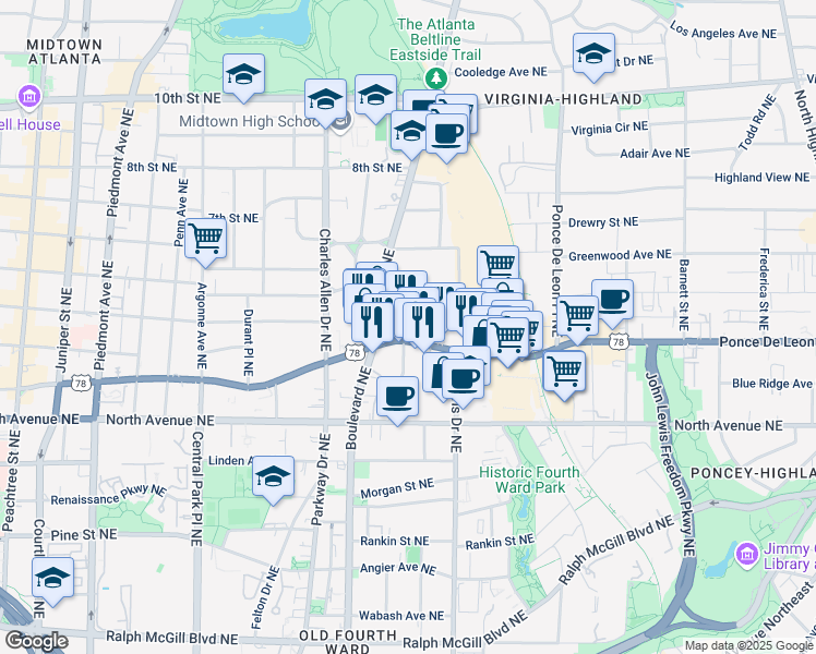 map of restaurants, bars, coffee shops, grocery stores, and more near 526 Ponce De Leon Avenue Northeast in Atlanta