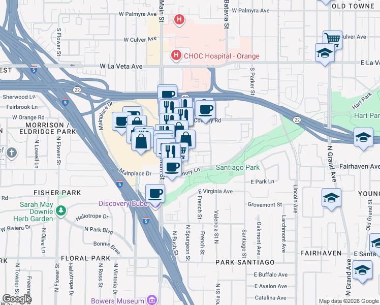 map of restaurants, bars, coffee shops, grocery stores, and more near 165 East City Place Drive in Santa Ana