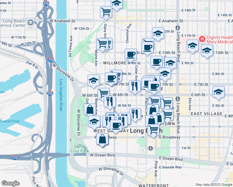 map of restaurants, bars, coffee shops, grocery stores, and more near 463 West 6th Street in Long Beach