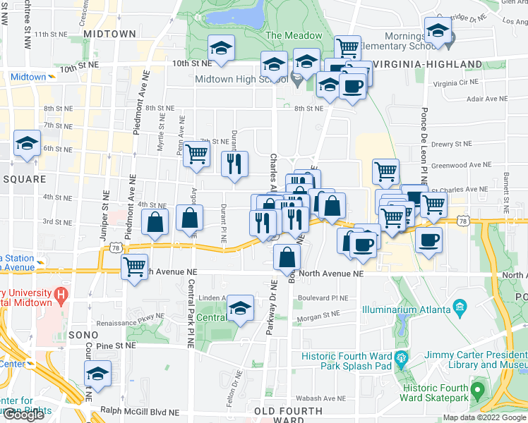 map of restaurants, bars, coffee shops, grocery stores, and more near 417 4th Street Northeast in Atlanta