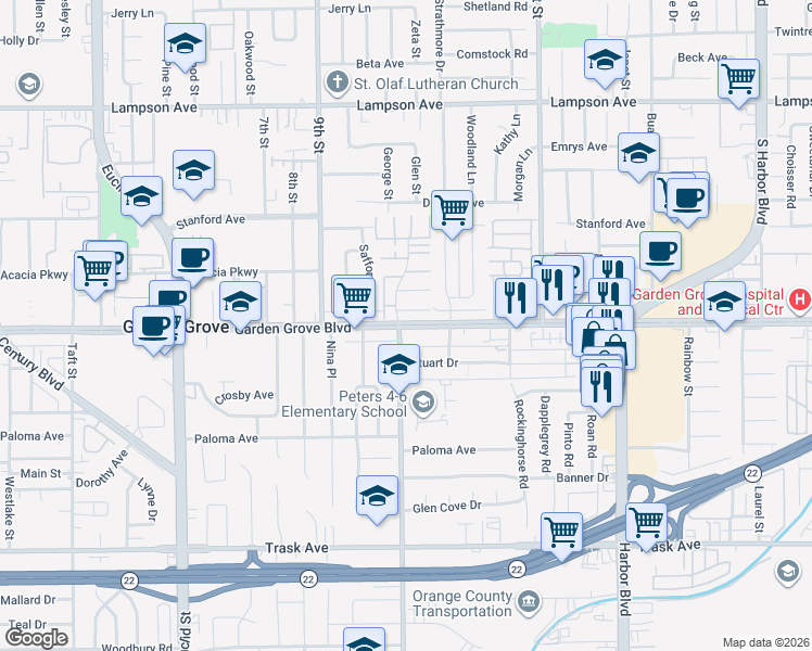 map of restaurants, bars, coffee shops, grocery stores, and more near 12970 Newhope Street in Garden Grove