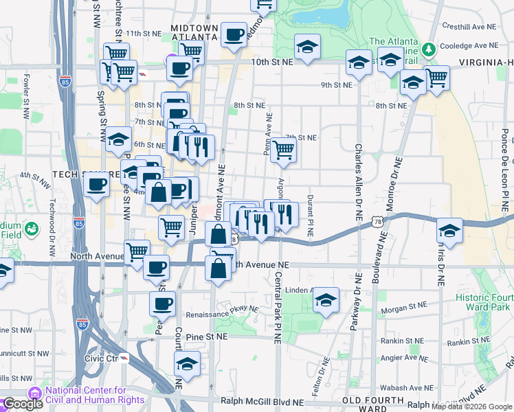 map of restaurants, bars, coffee shops, grocery stores, and more near 710 Penn Avenue Northeast in Atlanta
