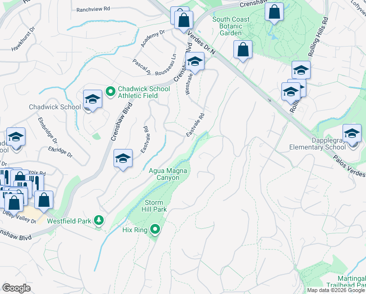 map of restaurants, bars, coffee shops, grocery stores, and more near 27024 Sunnyridge Road in Palos Verdes Peninsula