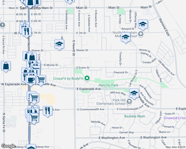 map of restaurants, bars, coffee shops, grocery stores, and more near 1335 Exeter Court in San Jacinto