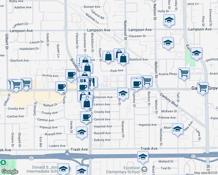 map of restaurants, bars, coffee shops, grocery stores, and more near 10139 Andy Reese Court in Garden Grove