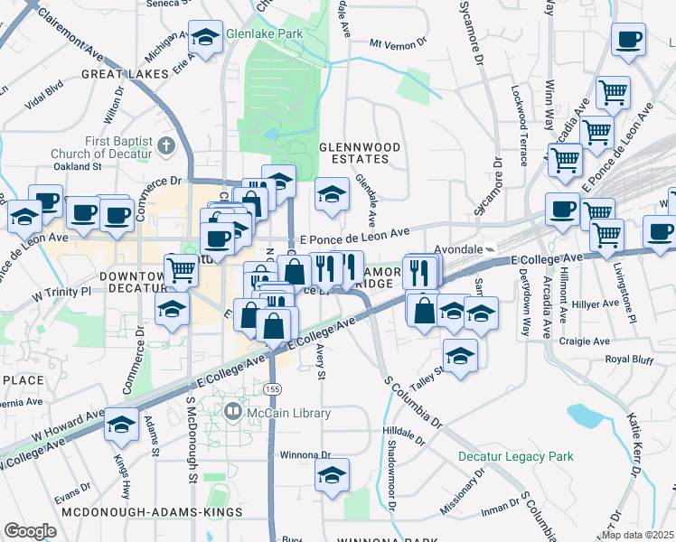 map of restaurants, bars, coffee shops, grocery stores, and more near 249 Sycamore Place in Decatur