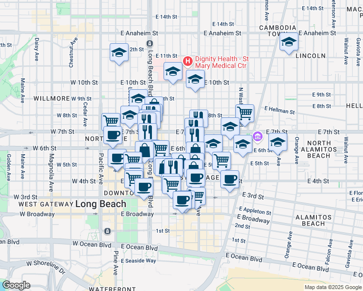 map of restaurants, bars, coffee shops, grocery stores, and more near 553 Linden Avenue in Long Beach