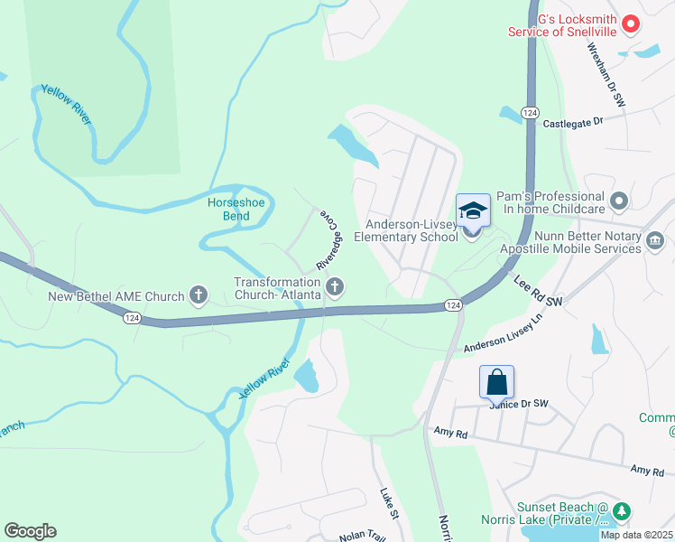 map of restaurants, bars, coffee shops, grocery stores, and more near 4162 Riverdale Drive in Snellville