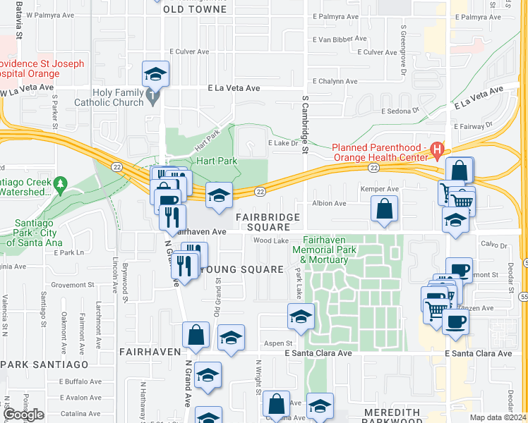 map of restaurants, bars, coffee shops, grocery stores, and more near 2718 North Wright Street in Santa Ana