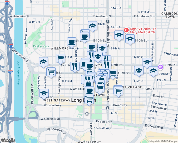 map of restaurants, bars, coffee shops, grocery stores, and more near 595 Pine Avenue in Long Beach