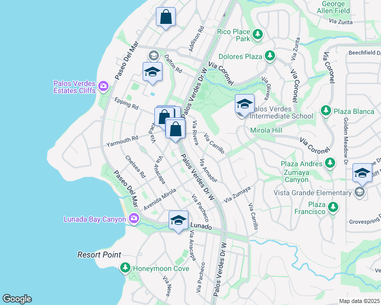 map of restaurants, bars, coffee shops, grocery stores, and more near 2400 Palos Verdes Drive West in Palos Verdes Estates
