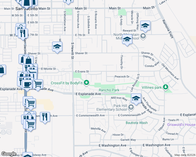 map of restaurants, bars, coffee shops, grocery stores, and more near 1356 Bristol Court in San Jacinto