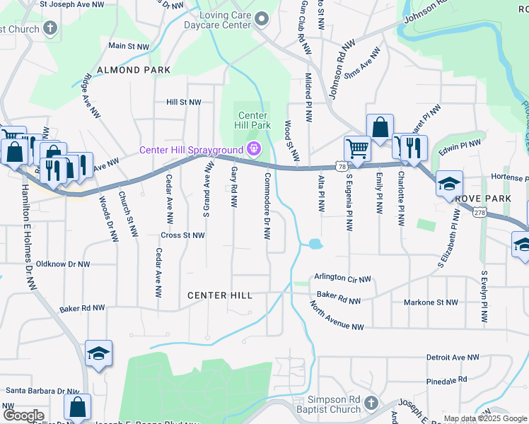 map of restaurants, bars, coffee shops, grocery stores, and more near 810 Commodore Drive Northwest in Atlanta