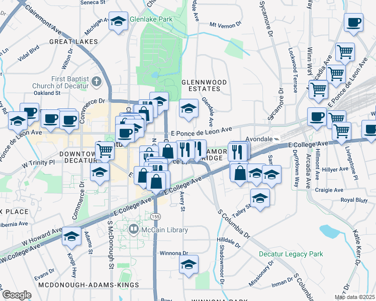 map of restaurants, bars, coffee shops, grocery stores, and more near 511 Sycamore Street in Decatur