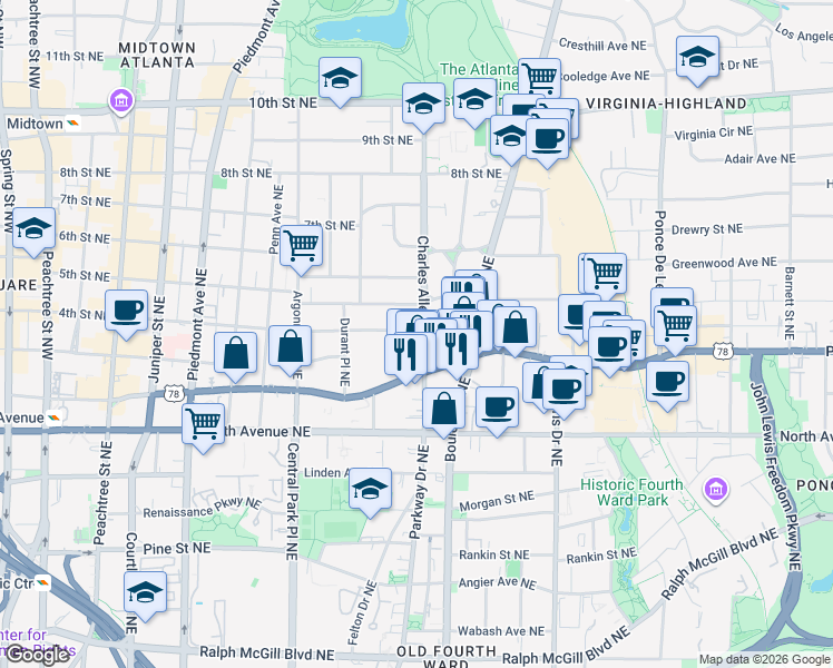 map of restaurants, bars, coffee shops, grocery stores, and more near 706 Charles Allen Drive Northeast in Atlanta