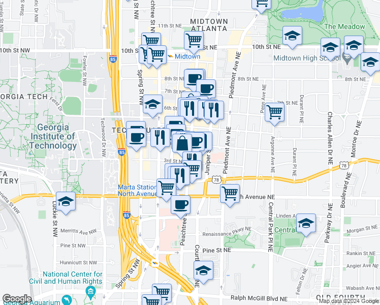 map of restaurants, bars, coffee shops, grocery stores, and more near 725 Peachtree Street Northeast in Atlanta
