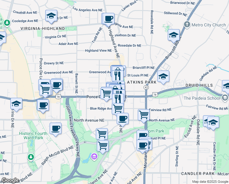 map of restaurants, bars, coffee shops, grocery stores, and more near 1050 Ponce De Leon Avenue Northeast in Atlanta