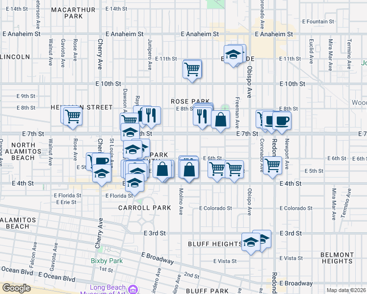 map of restaurants, bars, coffee shops, grocery stores, and more near 620 Molino Avenue in Long Beach