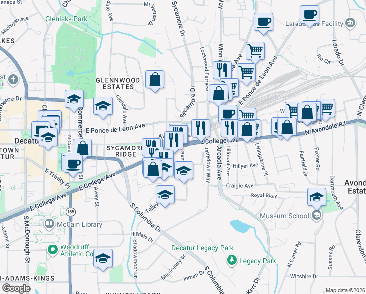 map of restaurants, bars, coffee shops, grocery stores, and more near 2657 East College Avenue in Decatur