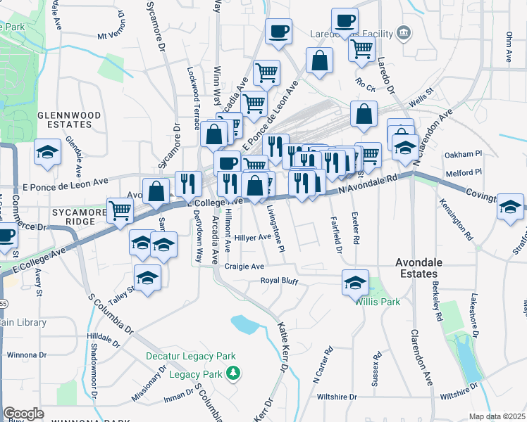 map of restaurants, bars, coffee shops, grocery stores, and more near 725 Livingstone Place in Decatur