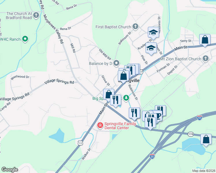 map of restaurants, bars, coffee shops, grocery stores, and more near 103 Spring Street in Springville