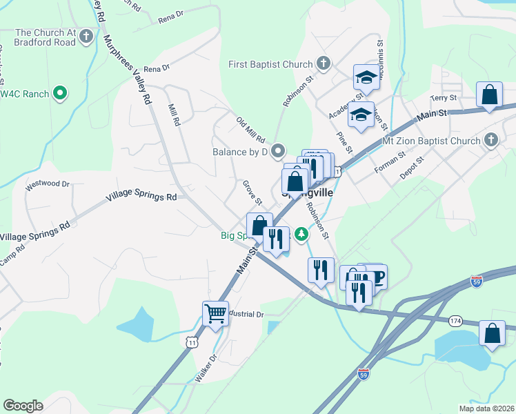 map of restaurants, bars, coffee shops, grocery stores, and more near 103 Spring Street in Springville