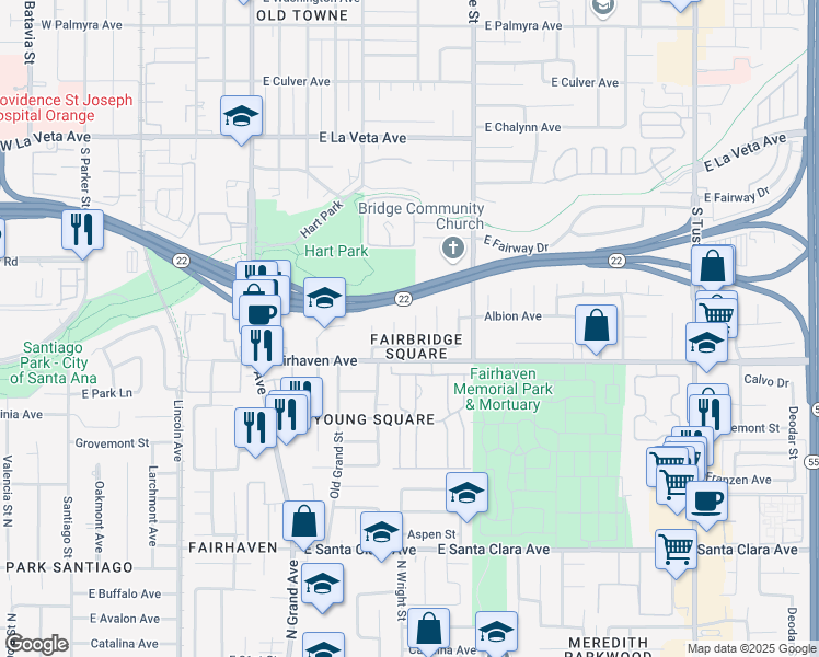 map of restaurants, bars, coffee shops, grocery stores, and more near 2718 North Wright Street in Santa Ana