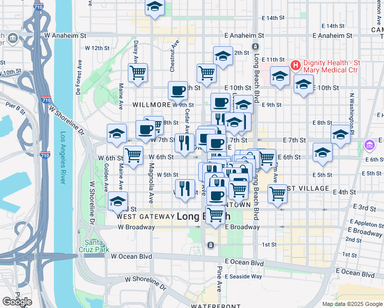 map of restaurants, bars, coffee shops, grocery stores, and more near 237 West 6th Street in Long Beach