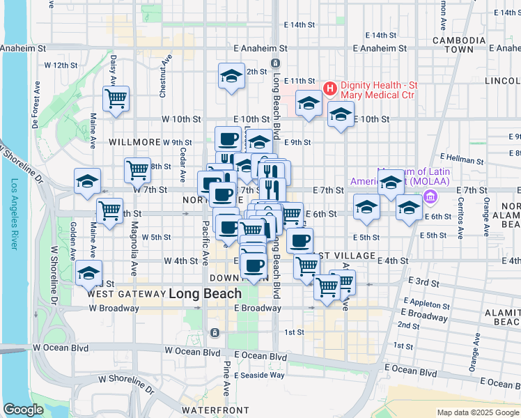 map of restaurants, bars, coffee shops, grocery stores, and more near 151 East 6th Street in Long Beach
