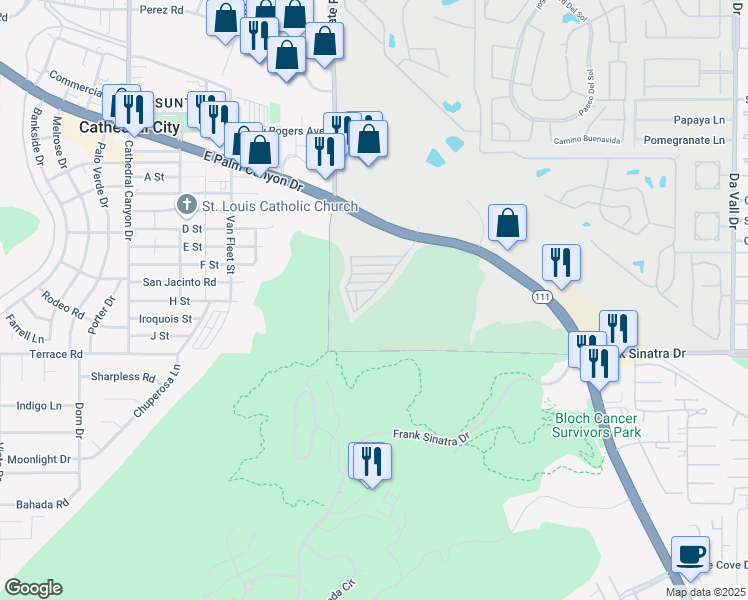 map of restaurants, bars, coffee shops, grocery stores, and more near 69333 East Palm Canyon Drive in Cathedral City