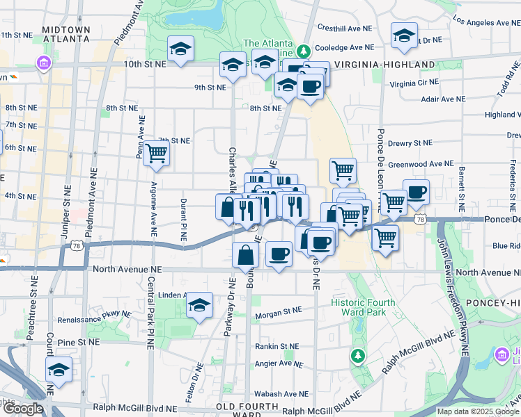 map of restaurants, bars, coffee shops, grocery stores, and more near 494 Ponce De Leon Avenue Northeast in Atlanta